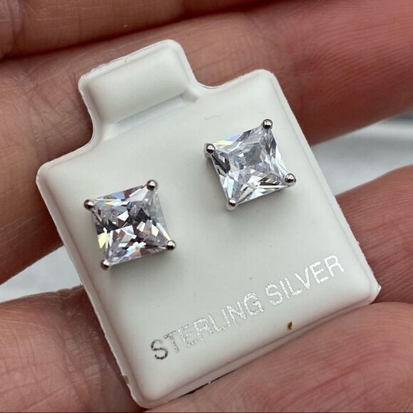 Sterling Silver 6mm Square Clear CZ Stud Earrings - Picture 4 of 4